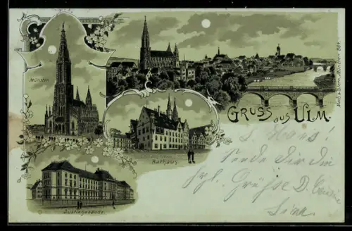 Mondschein-Lithographie Ulm, Totalansicht mit Rathaus und Münster
