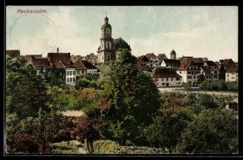 AK Neckarsulm, Totalansicht mit Kirche und Park
