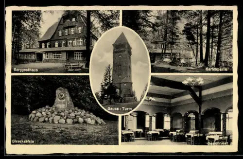AK Dransfeld, Berggasthaus auf dem Hohen Hagen mit Gartenpartie, Gastzimmer u. Giesekestein