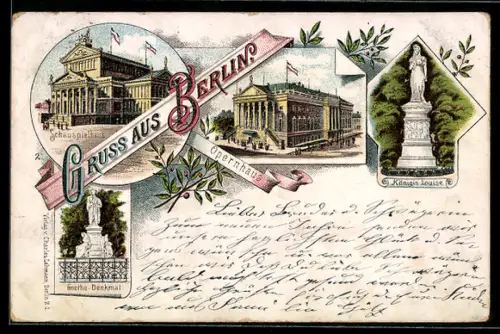 Lithographie Berlin-Tiergarten, Schauspielhaus, Opernhaus, Goethe Denkmal