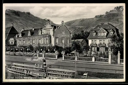 AK Assmannshausen, Hotel Schön, Dampfer auf dem Rhein