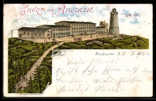 Lithographie Brocken, Hotel & Turm