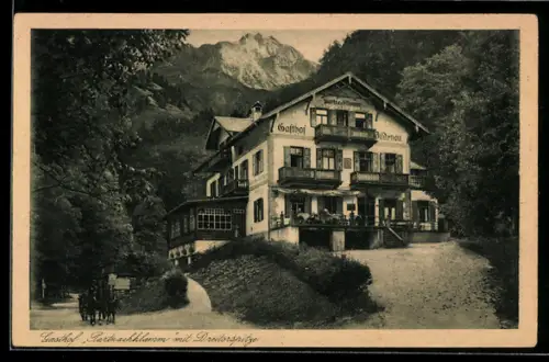 AK Partenkirchen, Gasthof Partnachklamm, Eingang zur Klamm, Dreitorspitze