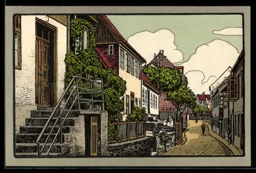 Steindruck-AK Flensburg, Sicht in die Johannisstrasse