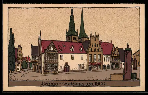 Steindruck-AK Lemgo, Rathaus mit Brunnen um 1800