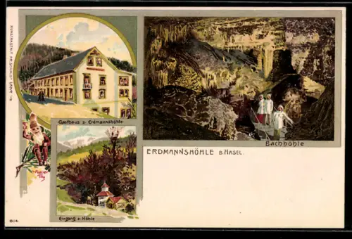 Lithographie Hasel, Erdmannshöhle, Bachhöhle, Gasthaus z. Erdmannshöhle