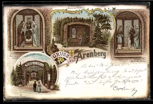Lithographie Arenberg, Eingang zum Ölberg, Jesus am Ölberg, Aufopferung des Kindes Maria