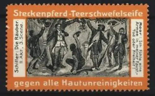Reklamemarke Steckenpferd-Teerschwefelseife, Schiller: Die Räuber, Szene mit Räubern