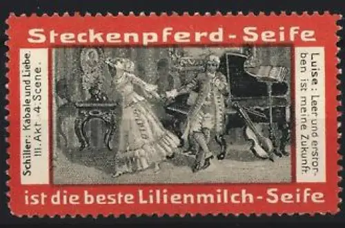 Reklamemarke Steckenpferd-Seife, Schiller: Kabale und Liebe, Theaterpaar vor Klavier