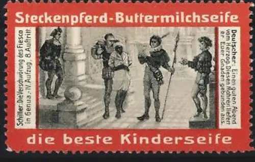 Reklamemarke Steckenpferd-Buttermilchseife, Die beste Kinderseife, historische Szene