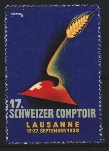 Reklamemarke Lausanne, 17. Schweizer Comptoir, Schweizer Flagge und Ähre, 1936