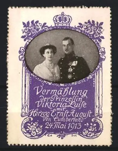 Reklamemarke Vermählung, Prinzessin Viktoria Luise und Herzog Ernst August, Krone und Blumendekor, 24. Mai 1913