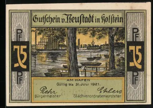 Notgeld Neustadt in Holstein 1921, 75 Pf, Hafenszene und Ziegenreiten-Motiv