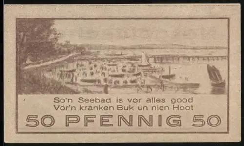 Notgeld Niendorf /Ostsee 1921, 50 Pfennig, Hafenansicht mit Spruch in Plattdeutsch