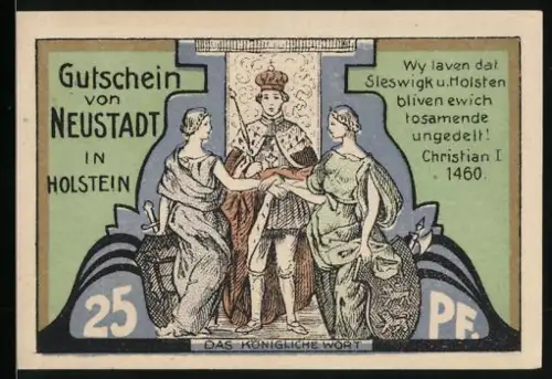 Notgeld Neustadt in Holstein 1921, 25 Pf, Königliche Szene mit Wappen und Händedruck