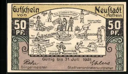 Notgeld Neustadt i. Holstein 1921, 50 Pfennig, Eisenbahn-Projekt und Rathaus am Markt