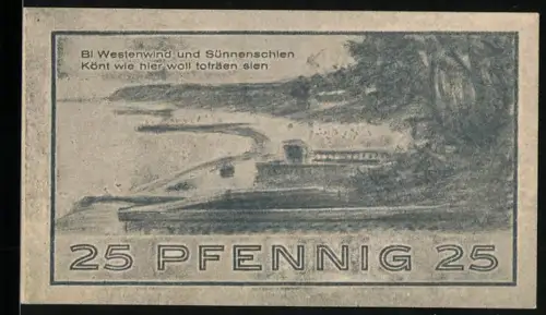 Notgeld Niendorf /Ostseebad 1921, 25 Pfennig, Küstenlandschaft mit Booten und Bäumen