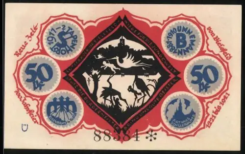 Notgeld Bielefeld 1921, 50 Pf, stilisierte Tier- und Stadtmotive im dekorativen Rahmen