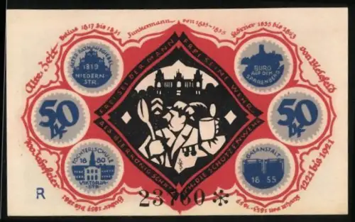 Notgeld Bielefeld 1921, 50 Pfennig, Stadtansichten und Wappen
