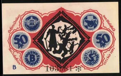 Notgeld Bielefeld 1921, 50 Pfennig, Silhouette von Mann mit Teufel, Stadtwappen und Symbole