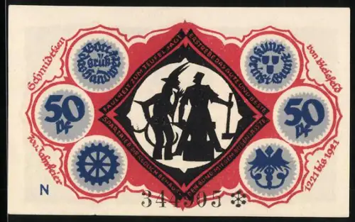 Notgeld Bielefeld 1921, 50 Pf, Silhouette vom Teufel, Symbol-Rahmen