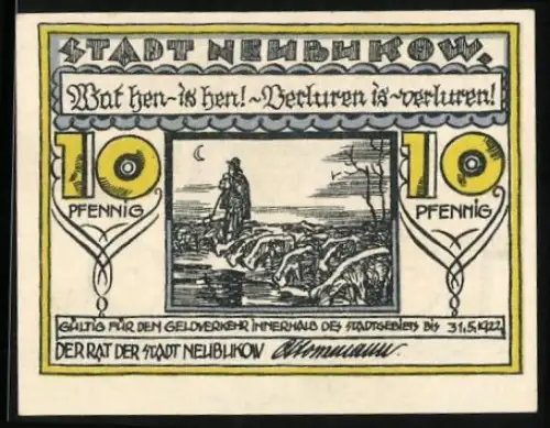 Notgeld Neubukow 1922, 10 Pfennig, Landschaft mit Figuren und Wappen der Stadt
