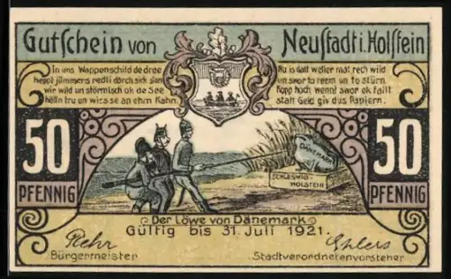 Notgeld Neustadt i. Holstein 1921, 50 Pfennig, Der Löwe von Dänemark und Ortsansicht mit Kirche