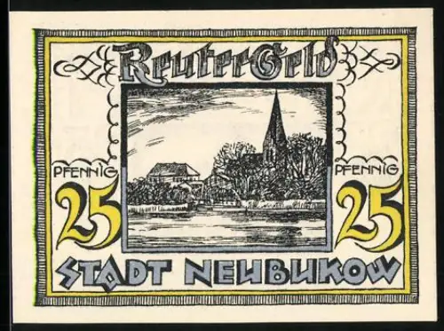 Notgeld Neubukow 1922, 25 Pfennig, Landschaft mit Kirche und Mann mit Kuh auf dem Feld