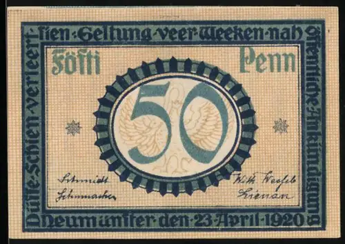 Notgeld Neumünster 1920, 50 Pfennig, Turm und Wappen mit Schwan