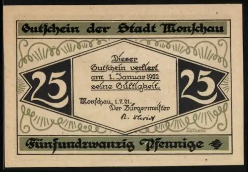 Notgeld Monschau 1921, 25 Pfennig, Burg und Ortsansicht mit Wald