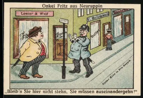 Notgeld Neuruppin 1921, 25 Pfennig, Onkel Fritz-Szene und Wappen von Neuruppin