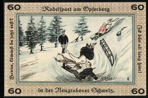Notgeld Neugraben-Hausbruch 1921, 60 Pf, Rodelsport am Opferberg in der Neugrabener Schweiz