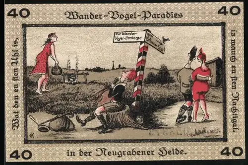 Notgeld Neugraben-Hausbruch 1921, 40 Pf., Wanderer und Paar auf Landstrasse in der Neugrabener Heide