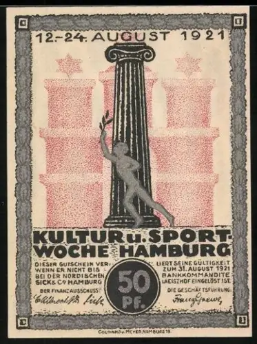 Notgeld Hamburg 1921, 50 Pfennig, Säule mit Figur und Schiff im Hafen
