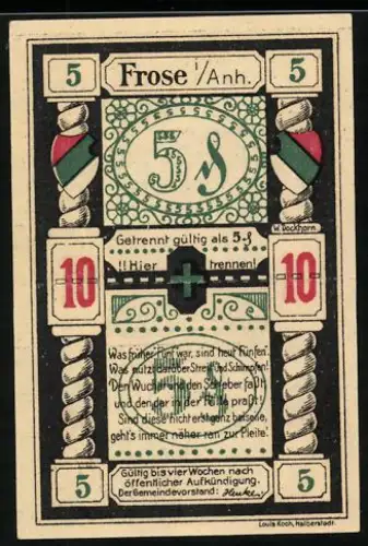 Notgeld Frose i. Anh., 10 Pfennig, Säulen mit Wappen