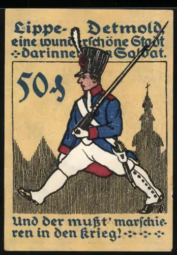 Notgeld Detmold 1920, 50 Pfennig, Soldat marschiert mit Gewehr vor Stadtkulisse