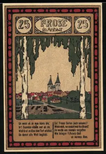Notgeld Frose in Anhalt, 25, Ortsansicht und dekoratives Rosenmuster mit Noten