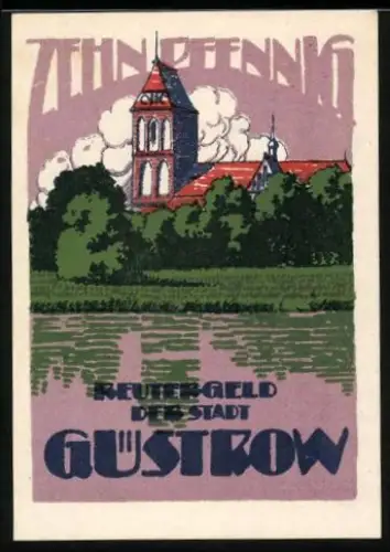 Notgeld Güstrow i. M. 1922, 10 Pfennig, Kirche und Stier auf Wiese
