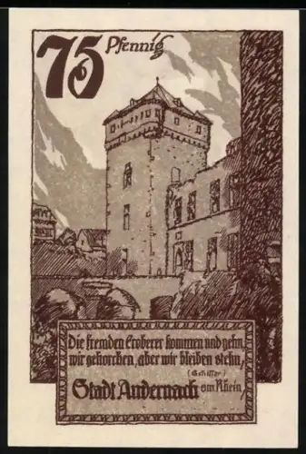 Notgeld Andernach a. Rh. 1920, 75 Pfennig, Turm und Wappen mit zwei Schlüsseln