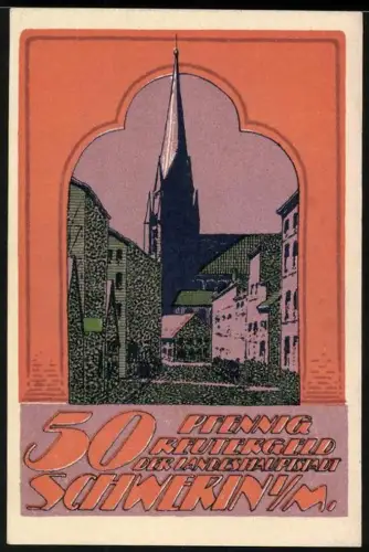 Notgeld Schwerin i. M. 1922, 50 Pfennig, Ortsansicht mit Kirche und Schloss am Wasser
