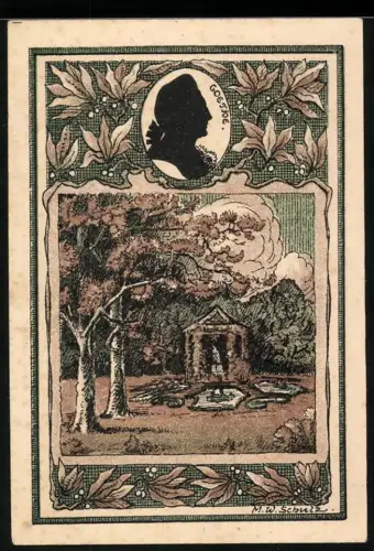 Notgeld Tiefurt 1921, 50 Pf, Goethe-Silhouette und Parkszene mit Pavillon