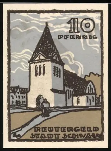 Notgeld Schwaan 1922, 10 Pfennig, Kirche und historische Gebäude