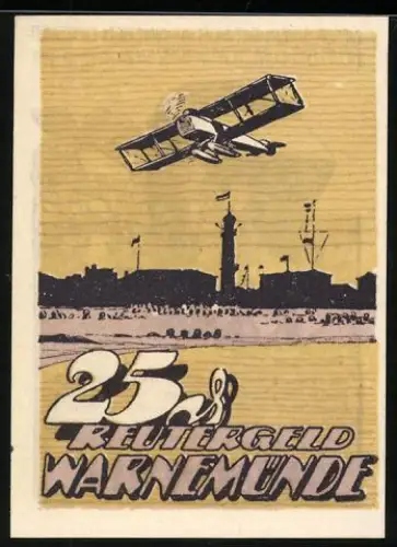 Notgeld Warnemünde 1922, 25 Pfennig, Flugzeug über Stadt und Strandkorb-Szene mit Paar