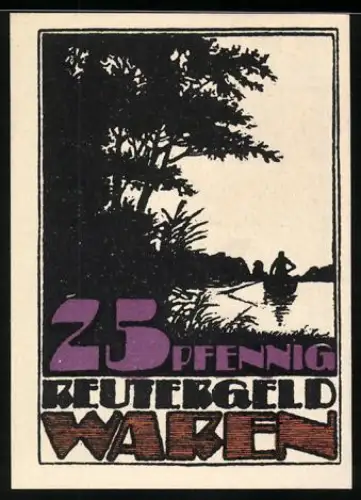 Notgeld Waren /Müritz 1921, 25 Pfennig, Boot auf dem See und Angler am Goldfischglas