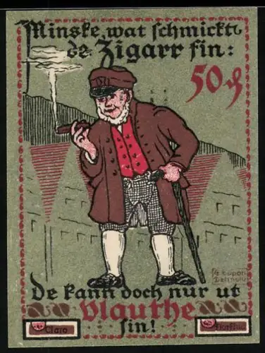 Notgeld Vlotho a. d. Weser 1921, 50 Pfennig, Mann mit Zigarre und Spruchband