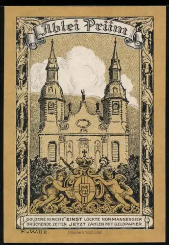 Notgeld Prüm 1920, 50 Pfennig, Abtei Prüm und Wappen mit Lamm und Engeln