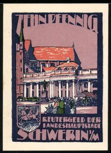 Notgeld Schwerin i. M 1922, 10 Pfennig, Ortsansicht mit Kirche und Reiterdenkmal