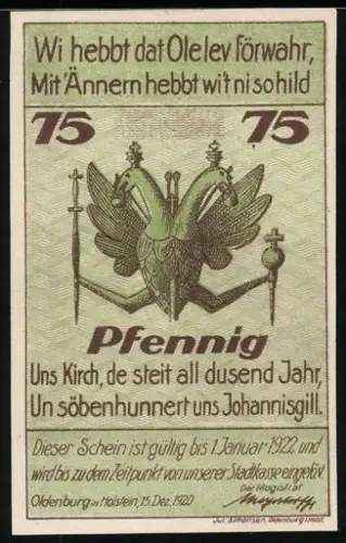 Notgeld Oldenburg in Holstein 1920, 75 Pfennig, Doppeladler und Kirche im Grünen