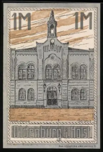 Notgeld Oldenburg i. Holst. 1921, 1 Mark, Rathaus und Zitat auf Plattdeutsch mit Stadtwappen
