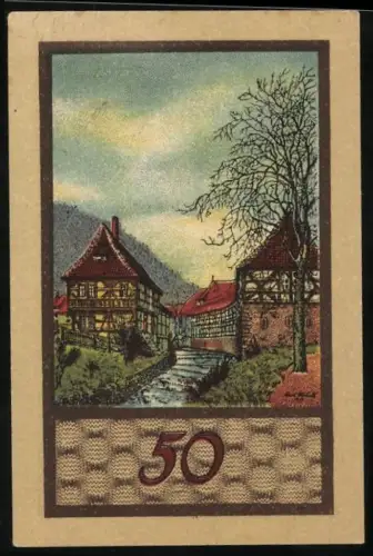 Notgeld Suhl, 50 Pfennig, Fachwerkhäuser und Stadtwappen mit Tannenzapfenrahmen